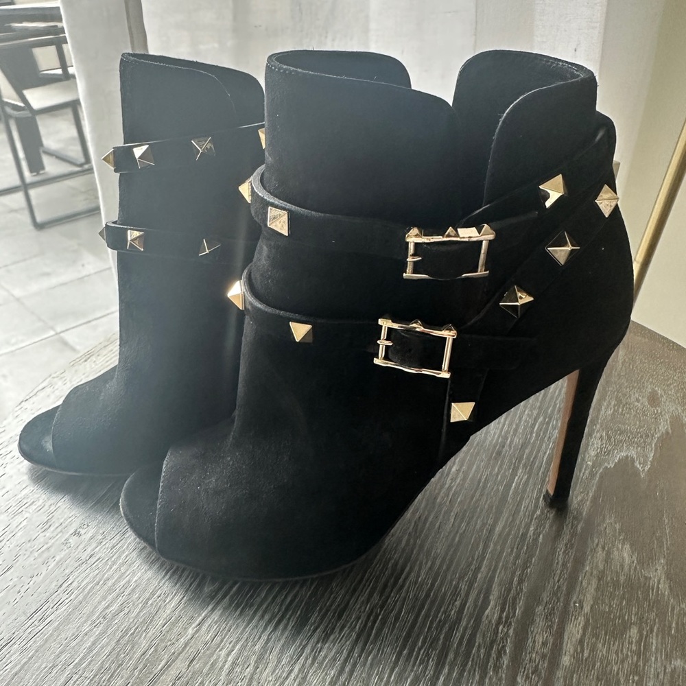 Valentino Rockstud Suede Peeptoe Bootie